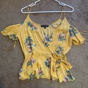Yellow Floral Wrap Cold Shoulder Top